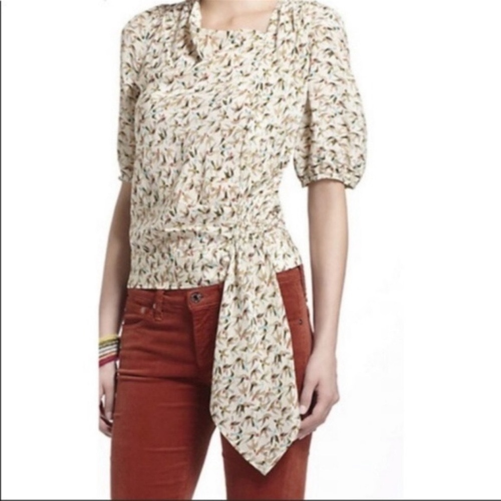 Floral Tie-Waist Puff Sleeve Top - Cream